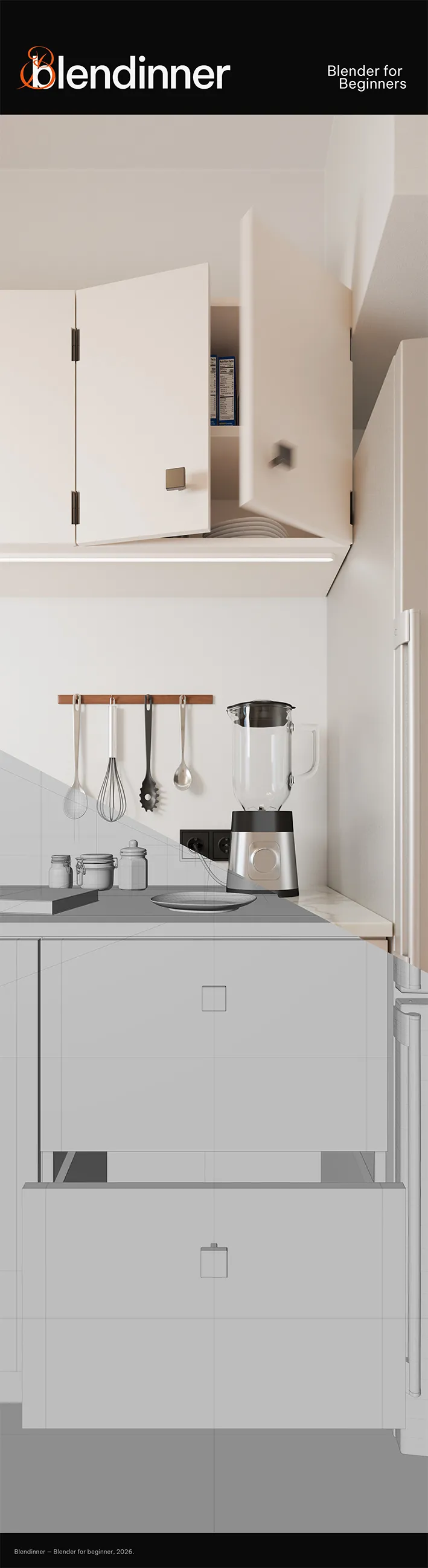 Affiche Blendinner mêlant rendu de cuisine et structure de la scène 3D.