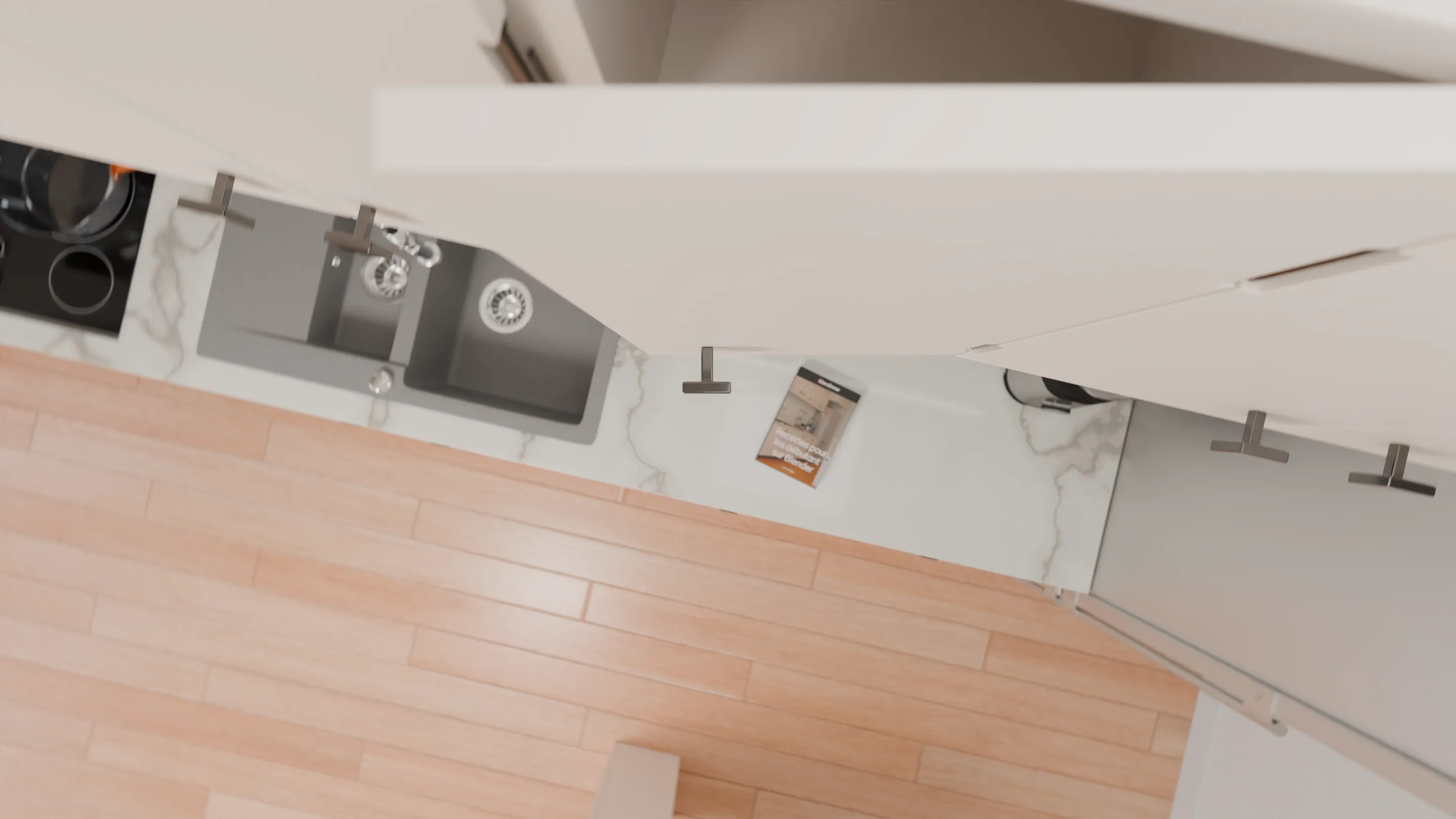 Vue de dessus de la cuisine en 3D et du livre Blendinner.