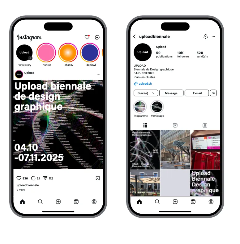 Maquette du compte Instagram UPLOAD présentée sur deux téléphones.