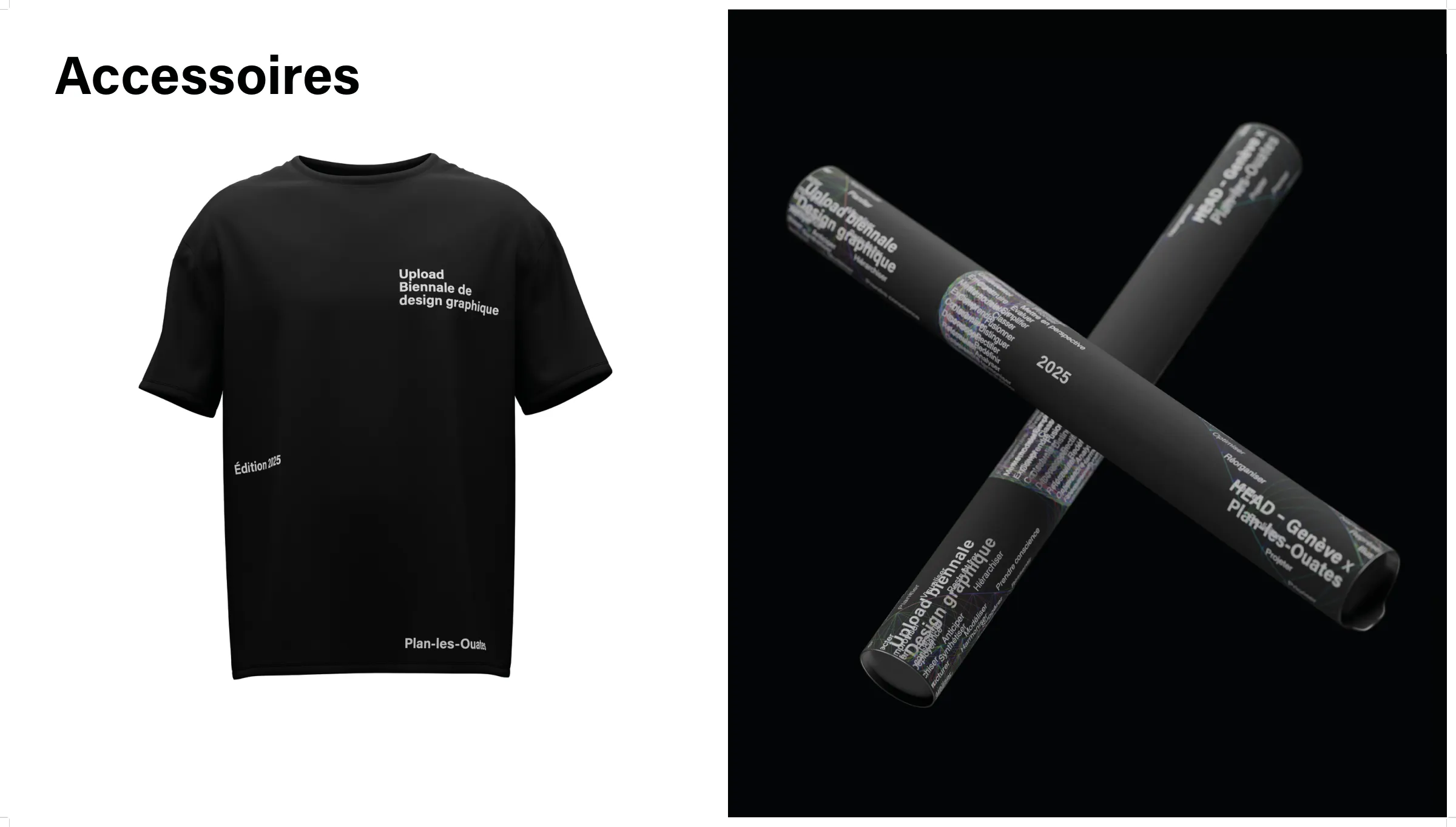 Goodies UPLOAD : tee-shirt noir et tubes imprimés.