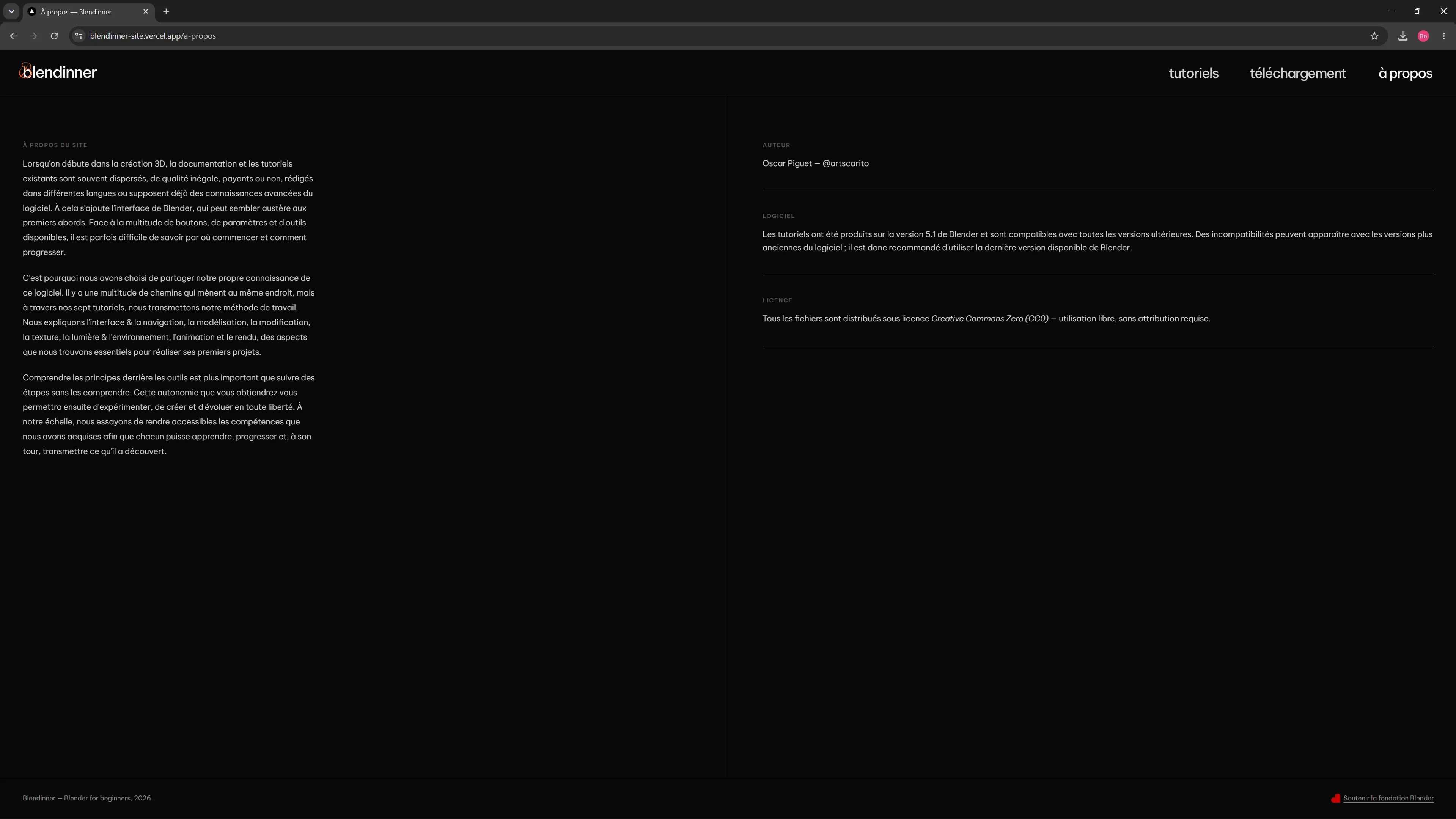 Page à propos du support d’apprentissage Blendinner.
